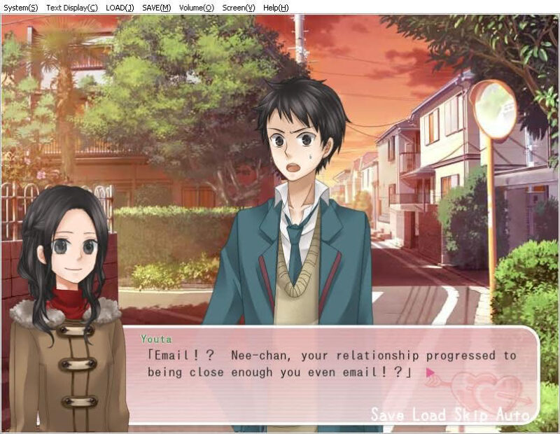 Komachi smiling (rare) in her brown coat while outside with Yuta in one of the Boku no Shokora endings. Yuta, looking alarmed, yells: "Email!? Nee-chan, your relationship progressed to being close enough you even email!?"