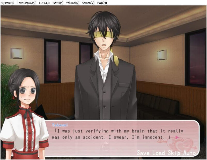 A blindfolded Takaomi says to Komachi in Boku no Shokora: "I was just verifying with my brain that it really was only an accident. I swear, I'm innocent."