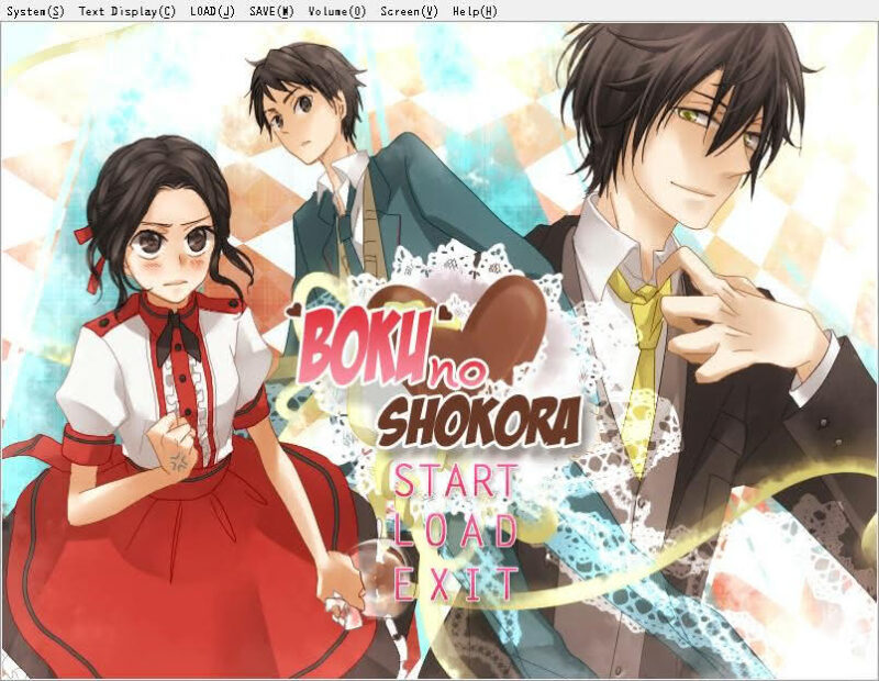 Title screen for Boku no Shokora. The title logo is in the center. To the left we have Komachi looking irritated in her waitress outfit. In the center back we have Komachi's younger brother, Yuta, in his high school uniform. On the right we have a suave looking Takaomi in a suit undoing his tie.