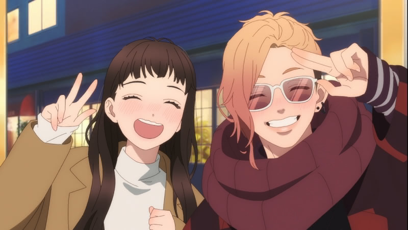 A drunken Ema and Shin showing up at Itsuomi's restaurant and bar in A Sign of Affection 3. Ema, on the left, is smiling while giving a peace sign. Shin, on the right, is smiling while adjusting his glasses. Their faces are flushed because they have already had too much to drink.