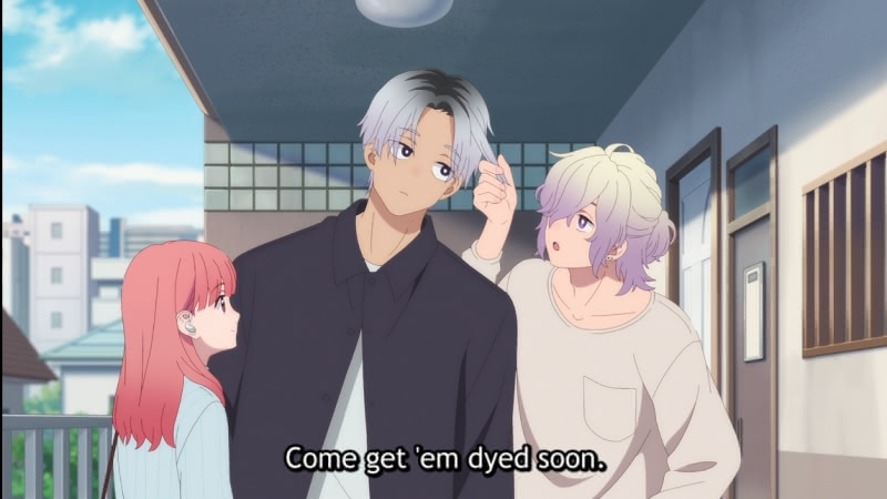 Shin tugging Itsuomi's hair -- which is dyed silver but has black roots showing, and telling Itsuomi to come get his roots dyed soon. Itsuomi has no expression while Yuki looks on.