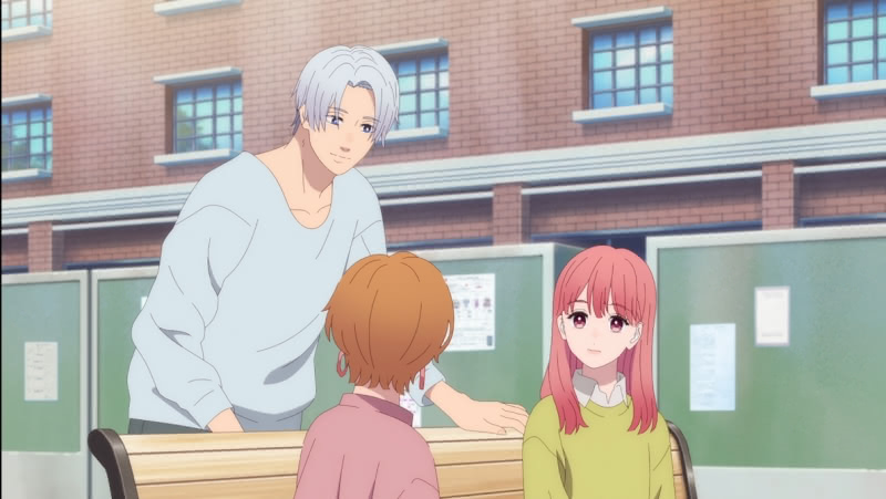 Itsuomi leaning over a bench talking to Rin and Yuki, who are sitting on the bench, in episode 8 of A Sign of Affection. Itsuomi's hair is fully silver-white again after his roots were showing early in the episode.