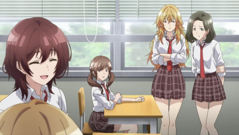 We see the back of Tama's head sitting at her desk as Hinami talks to her. In the background, Konno and her two friends lean against the classroom wall by the window glaring at Tama.