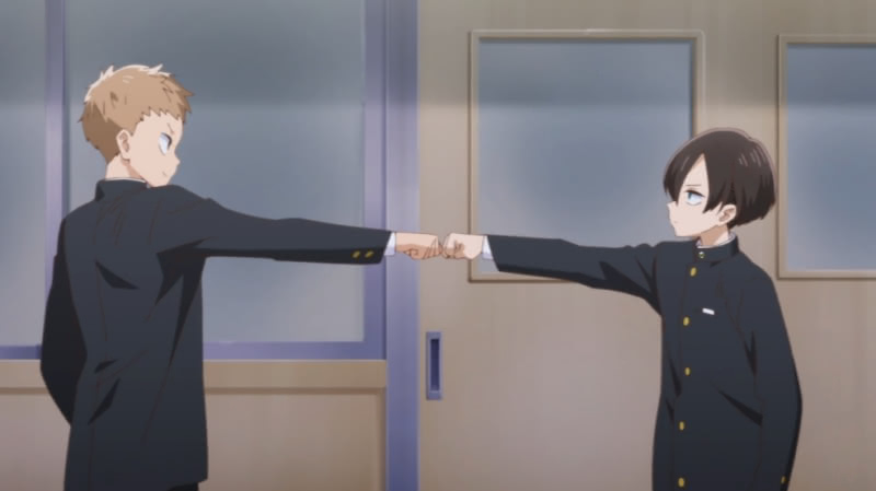 Shou Adachi and Kyoutarou bump fists in a school hallway.
