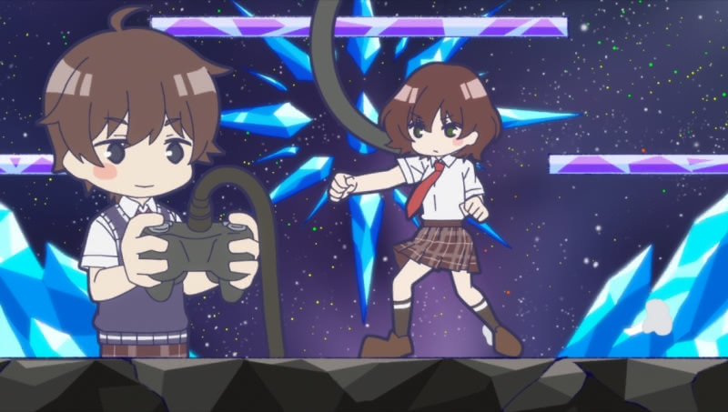 Scene from S2 of Bottom-tier Character Tomozaki. We have a video-game style rendering of Tomozaki holding a game controller with Hinami on what appears to be a video game stage modeled after Super Smash Brothers' Final Destination.