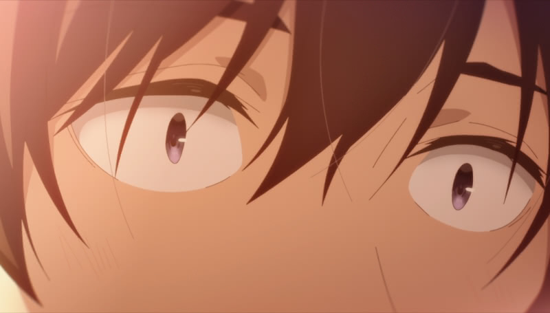A close-up of Tomozaki's eyes as he responds in surprise to something.
