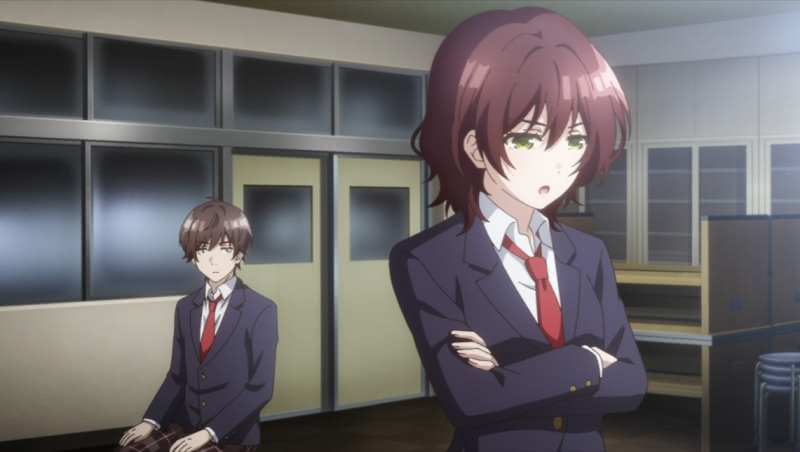 Hinami, standing in the foreground, crosses her arm and says something with a displeased look with her back to Tomozaki, who is looking at her while seated in a chair in the center of the room.