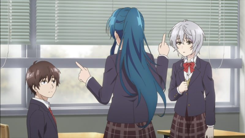 A scene from the second season of Bottom-tier Character Tomozaki. The scene is in a classroom. Tomozaki is sitting at his desk looking at Mimimi, whose back and blue ponytail is facing us. On the right, Kikuchi looks at Mimimi as she talks.