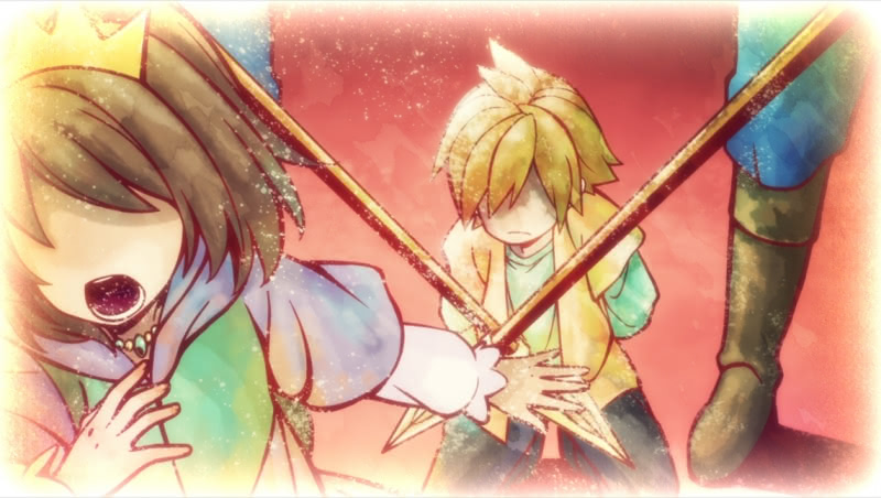 Story book scene from second season of Bottom-tier Character Tomozaki showing a boy with his hands tied behind his back on his knees with two lances in front of him as a girl in the foreground whering a crown while yelling runs from the scene.