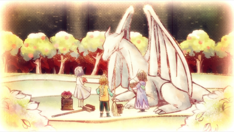 A story-book style scene showing three kids talking to a white dragon.