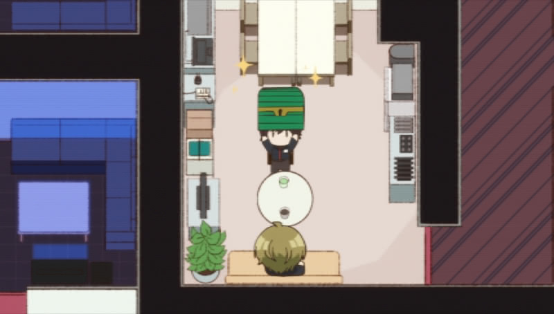 2D RPG-style scene in second season of Tomozaki anime where Tomozaki holds a treasure chest above his head and shows it to Mizusawa, who sits on a couch with his back facing us.