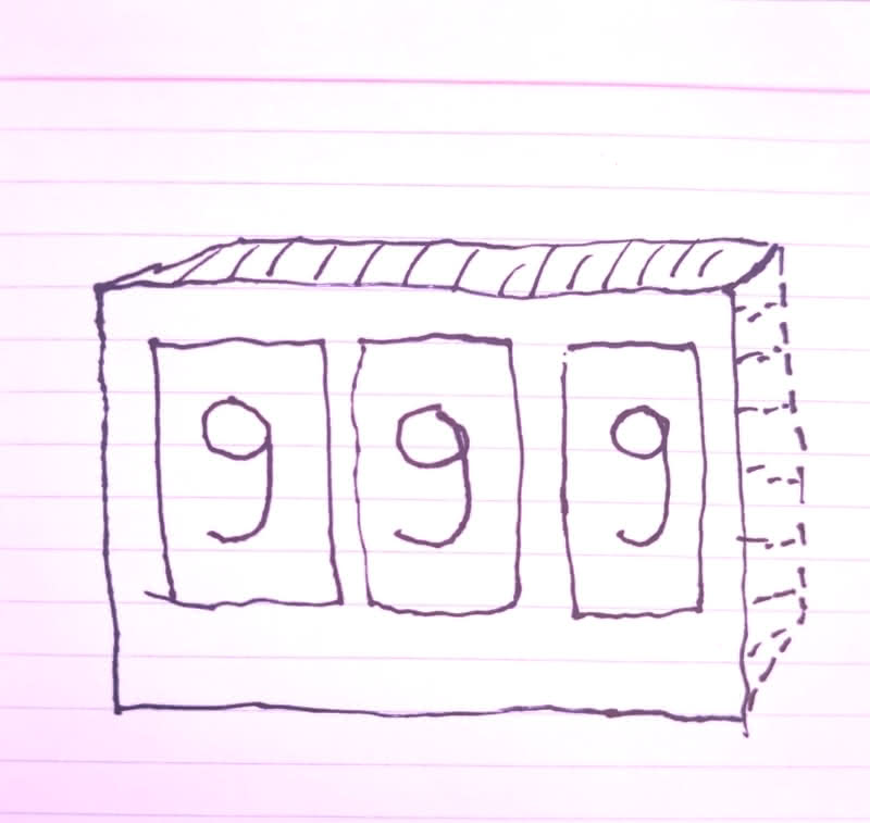 A poor drawing of a box with three squares and each square showing a 9. Supposed to demonstrate a digital or card-based score counter. Drawn by N.A. Ferrell.