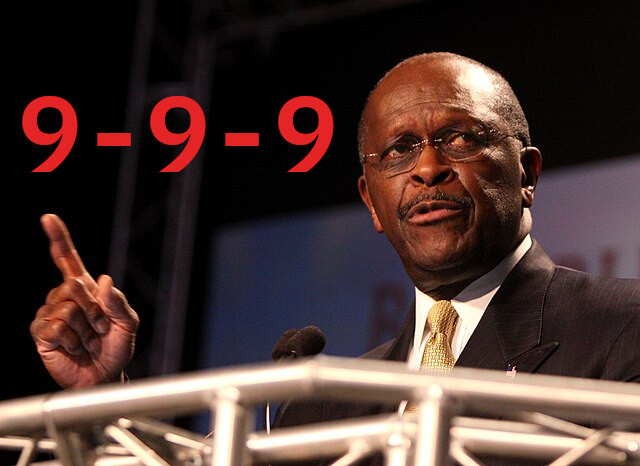 Image of Herman Cain giving a speeck next to a red 9-9-9 added on top of the image. It appears as if Herman Cain is pointing at the 9-9-9.