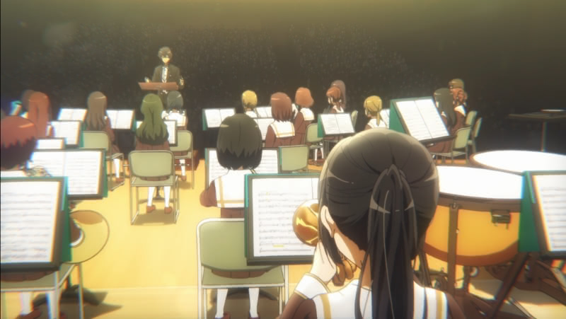 The Kitauji band performing in a concert hall in the first season of the Sound! Euphonium anime.