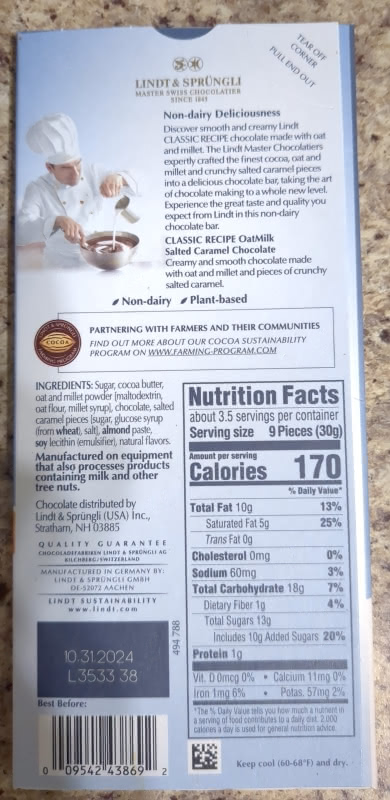 Reverse side of package for Lindt Salted Caramel OatMilk Chocolate. It has the description of the chocolate, ingredients list, and nutrition facts.