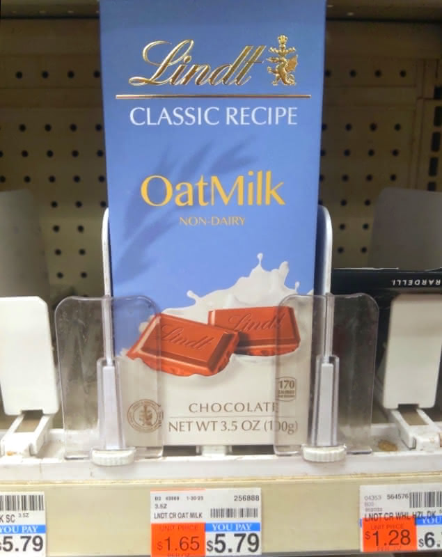 Photograph of bar of Lindt OatMilk Chocolate at CVS from June 2023. The price is $5.79.