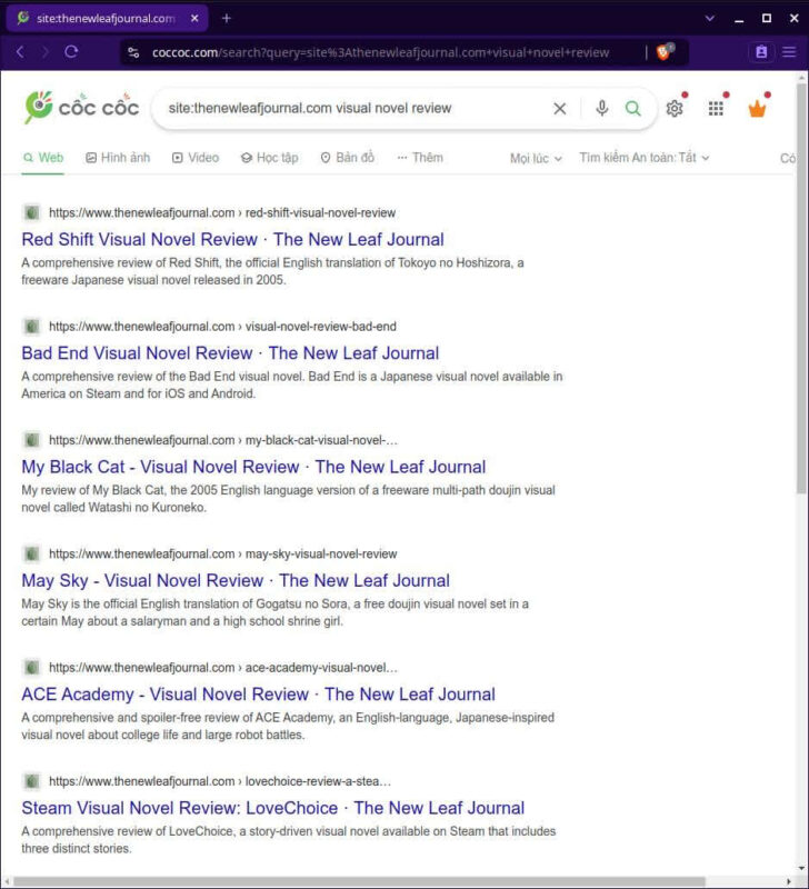 Coc Coc search results page for query site:thenewleafjournal.com visual novel review.