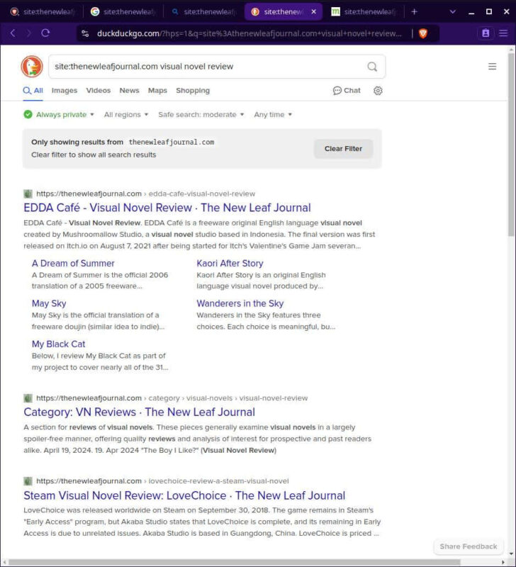 DuckDuckGo search results page for query site:thenewleafjournal.com visual novel review.