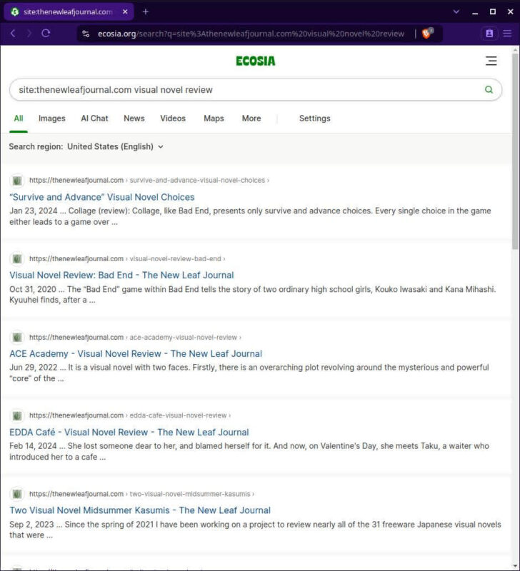 Ecosia with Google filter results for following query -- site:thenewleafjournal.com visual novel review.