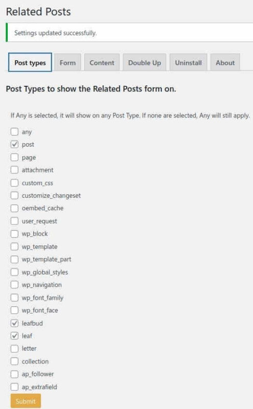 Manual Related Posts checkbox list for post type support.