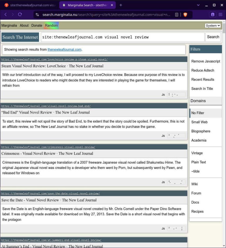 Marginalia Search results page for site:thenewleafjournal.com visual novel review.