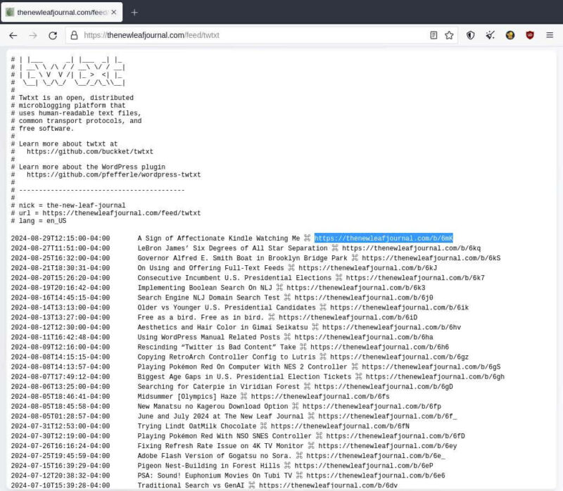 Screenshot of The New Leaf Journal's plain text Twtxt feed page with one of the shortlink article URLs highlighted.