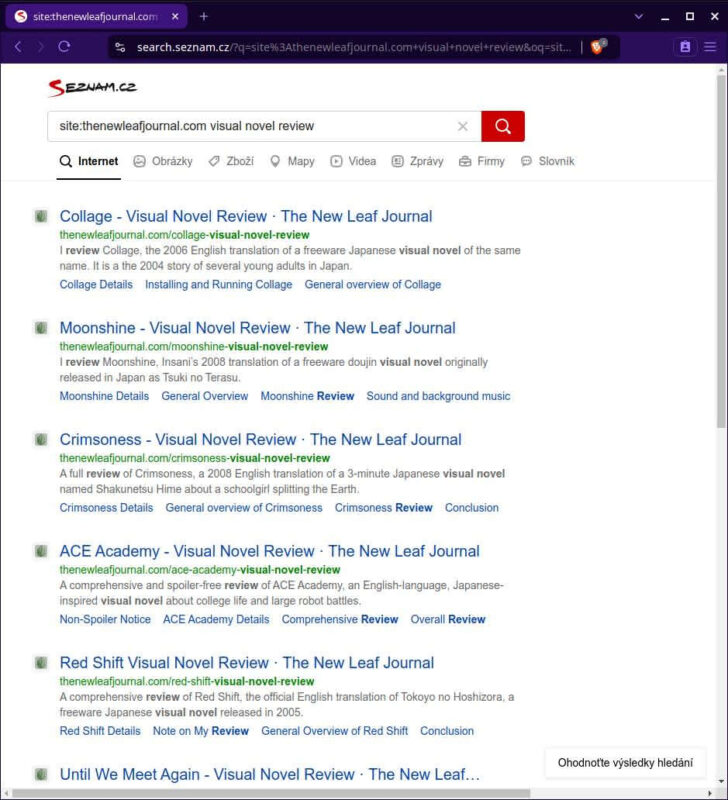 Seznam search resultes page for site:thenewleafjournal.com visual novel review.
