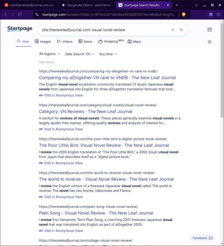 Startpage filter results for following query -- site:thenewleafjournal.com visual novel review.