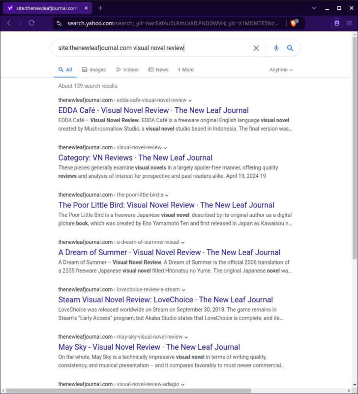 Yahoo! Search results page for query site:thenewleafjournal.com visual novel review.
