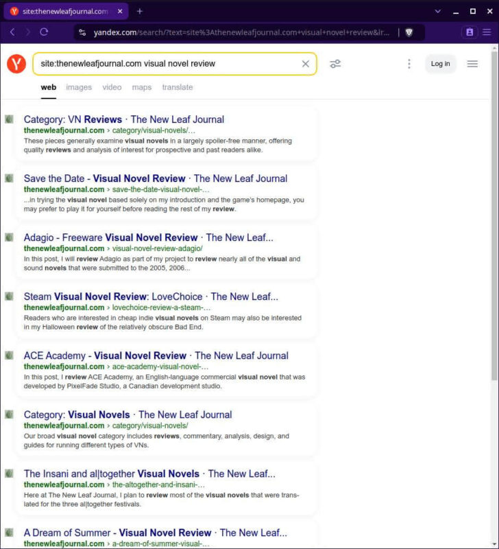 Yandex search results for site:thenewleafjournal.com visual novel review.