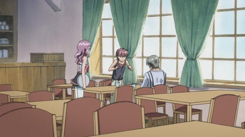 Tetsu interrogates Hiro across a table from him at his sister's cafe while his sister, Touko, looks on while holding a tray.