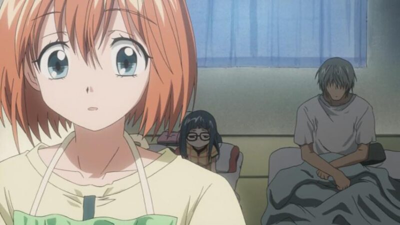 Adult-Karada cooking as child Shouko and Hiro rise half-awake in the background.