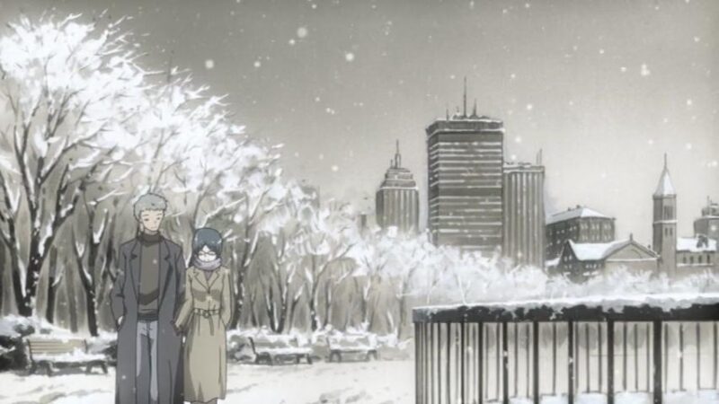 Gray-scale flashback scene showing Hiro and Shouko walking arm-in-arm in the snow in the United States when they were dating.