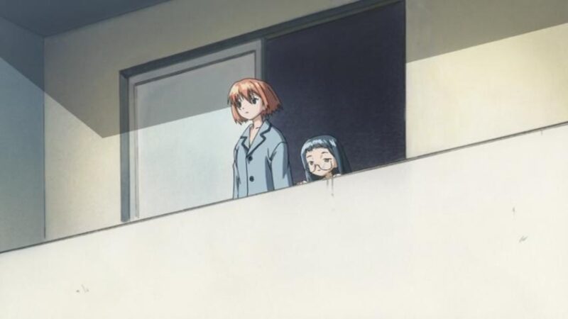 The scene is Shouko's apartment balcony in Living for the Day After Tomorrow. On the left we have a dull-eyed Karada in her night-shirt. On the right we have a frazzle-haired young Shouko in her over-sized adult glasses.