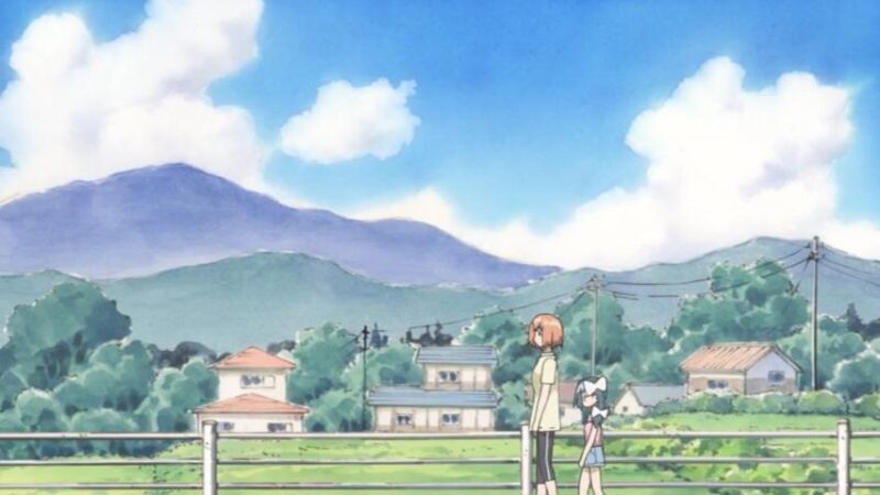 Adult Karada and young Shouko going for a walk with houses and mountains in the background.