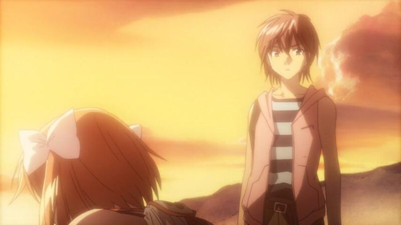 Tetsu consoles Karada after Shouko told her she looks like a child. We have an orange sunset in the background.