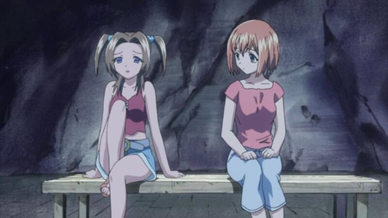 Kotomi and Karada sit on a bench at night.