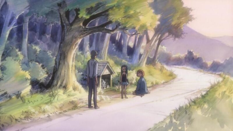 Hiro looks at a young Shouko and older Karada by the wishing stones in Living for the Day After Tomorrow.