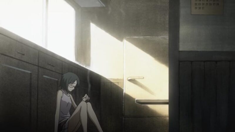 Flashback scene with Shouko smoking alone in her apartment in the United States.