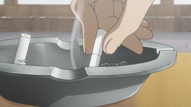 Hiro putting out a cigarette in an ashtray in Living for the Day After Tomorrow.