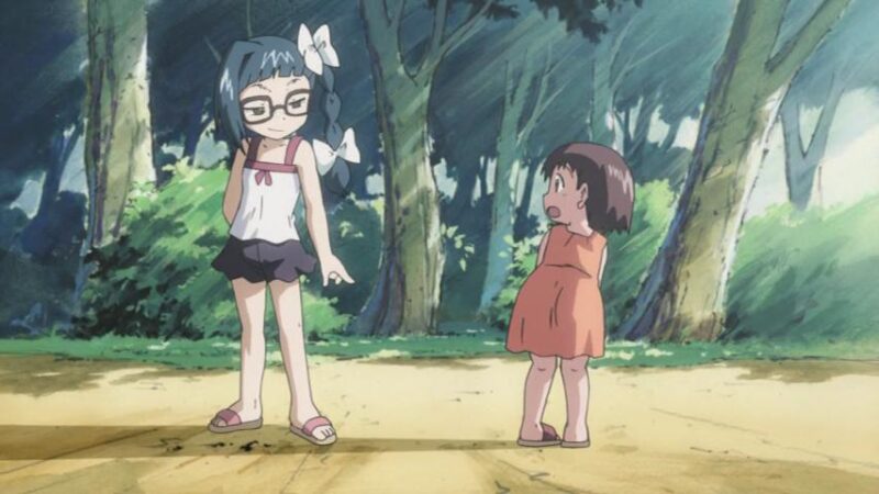 Child Shouko smugly points at an even littler girl's shadow.