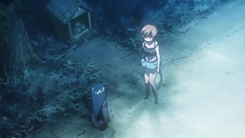 Shouko and Karada the moment when they both age swap -- standing on the road by the wishing stones at night.