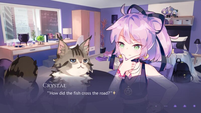 Crystal in her bedroom having a conversation with her cat Lily. Crystal is saying "Why did the fish cross the road?" presumably speaking for Lily. She looks pensive.