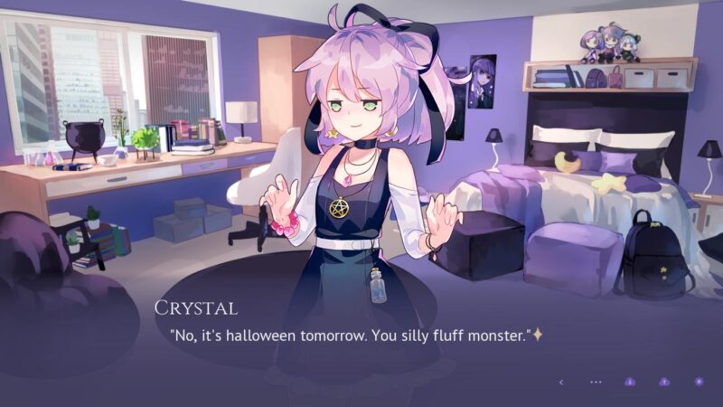 A smug-looking Crystal tells her cat that it is Halloween tomorrow, with both in Crystal's room.