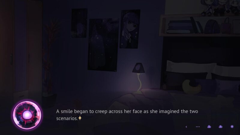 Shot of Crystal's bedroom with a shadow in the dialogue box and a note about Crystal smiling while in bed.