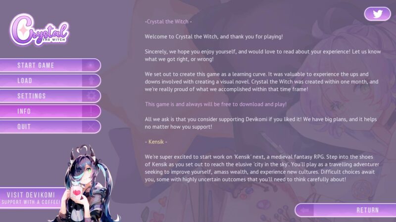 Crystal the Witch visual novel information page. Studio Devikomi explains that they made Crystal as their first project in one month and asked for feed-back.