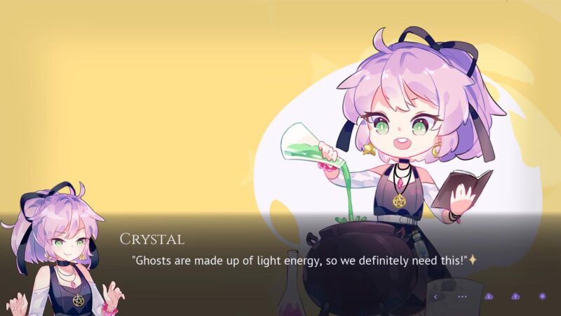 Crystal makes a potion. On the right we see a full CG where she is pouring a green liquid into a caudron. On the right we see a smaller sprite next to her dialogue.