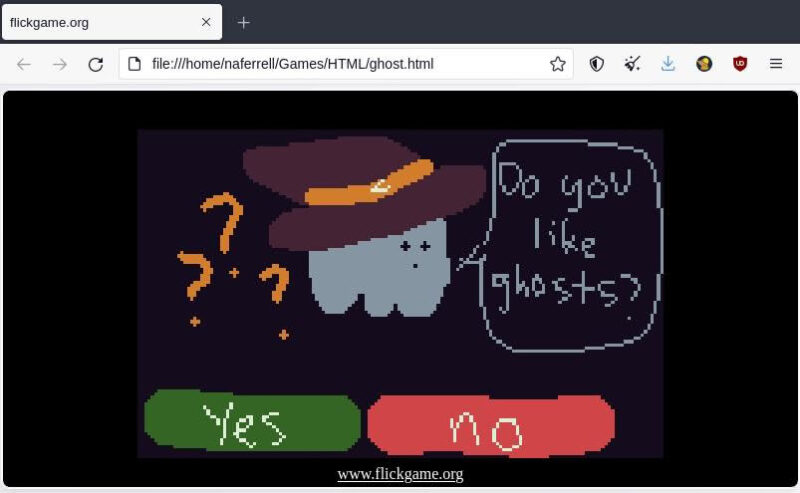 Ghost in purple witch's hat has thought bubble with text "Do you like ghosts?" There are two buttons -- one says Yes and the other says No.