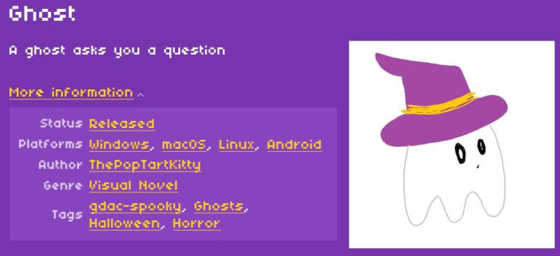 Page for Ghost by ThePopTartKitty on itch.io. The game title is Ghost and the subtitle is "A ghost asks you a question" More information under title lists its being cross platform, the author, that it is a visual novel, and genres. To the right there is a raster image of a ghost in a purple witch's hat.