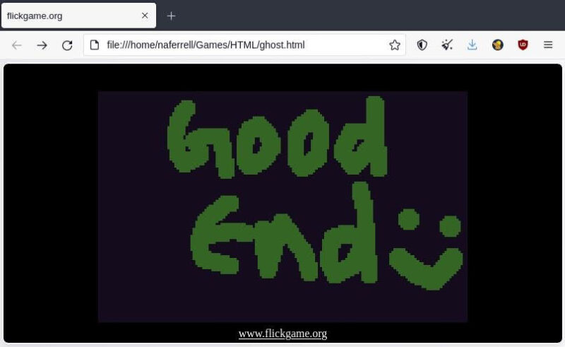 "Good End" written with paint tool with a smiley face. Good end scene for the Ghost visual novel.